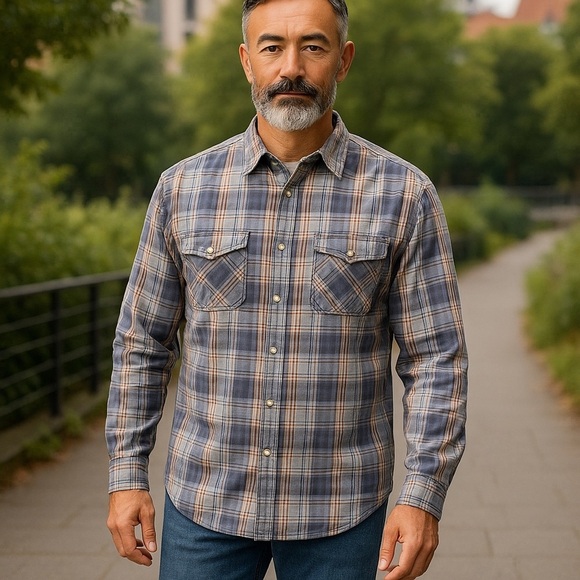 Ruff Hewn Men’s Flannel Shirt SZ XXL Blues Pearl Snaps Yoke 100% Cotton Western - Picture 1 of 7
